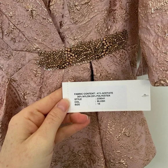 NWT NEW Teri Jon 229041 Blush Peplum Stretch Metallic Jacquard Gown with Beads